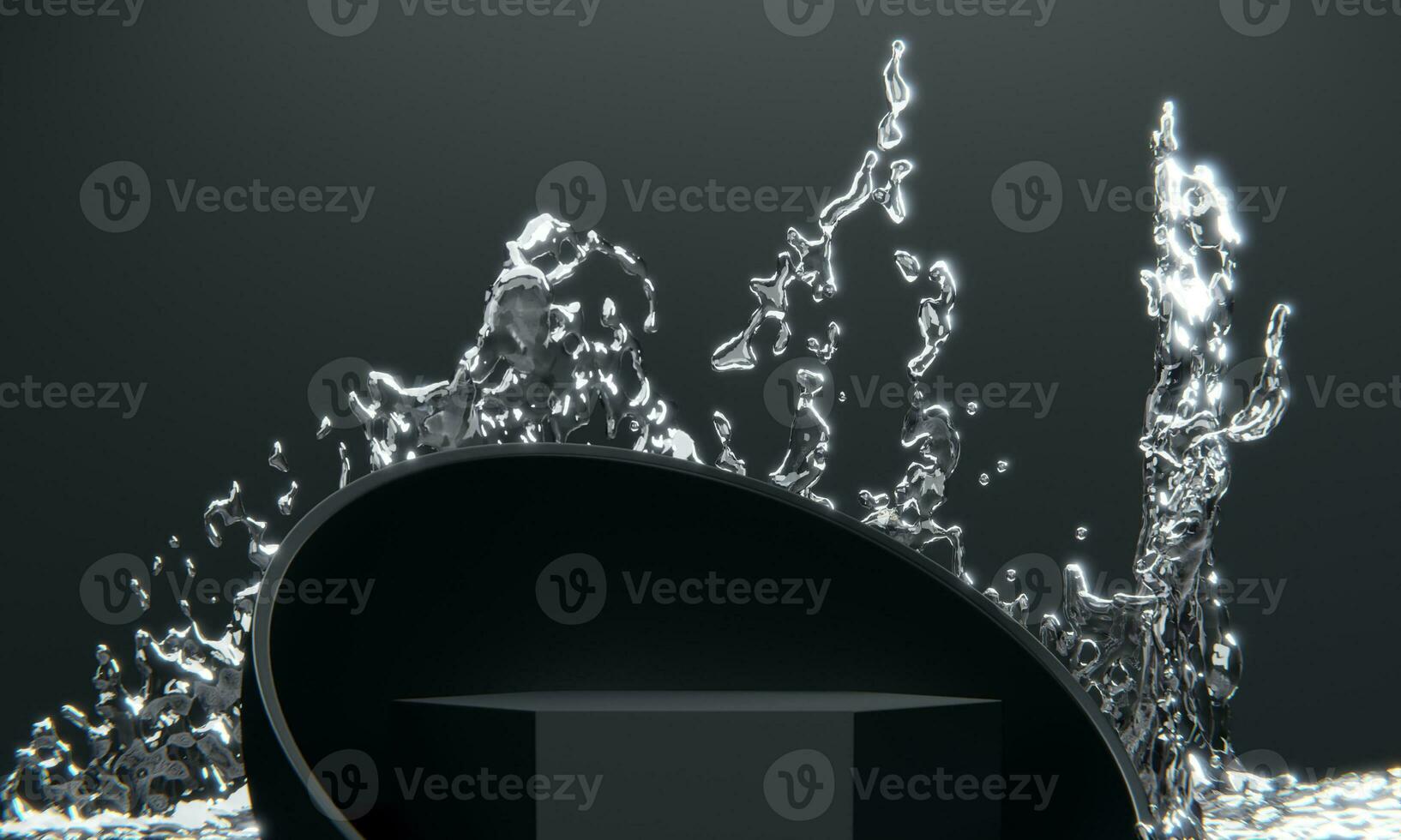 black podium and water splashing on white background.3D rendering photo