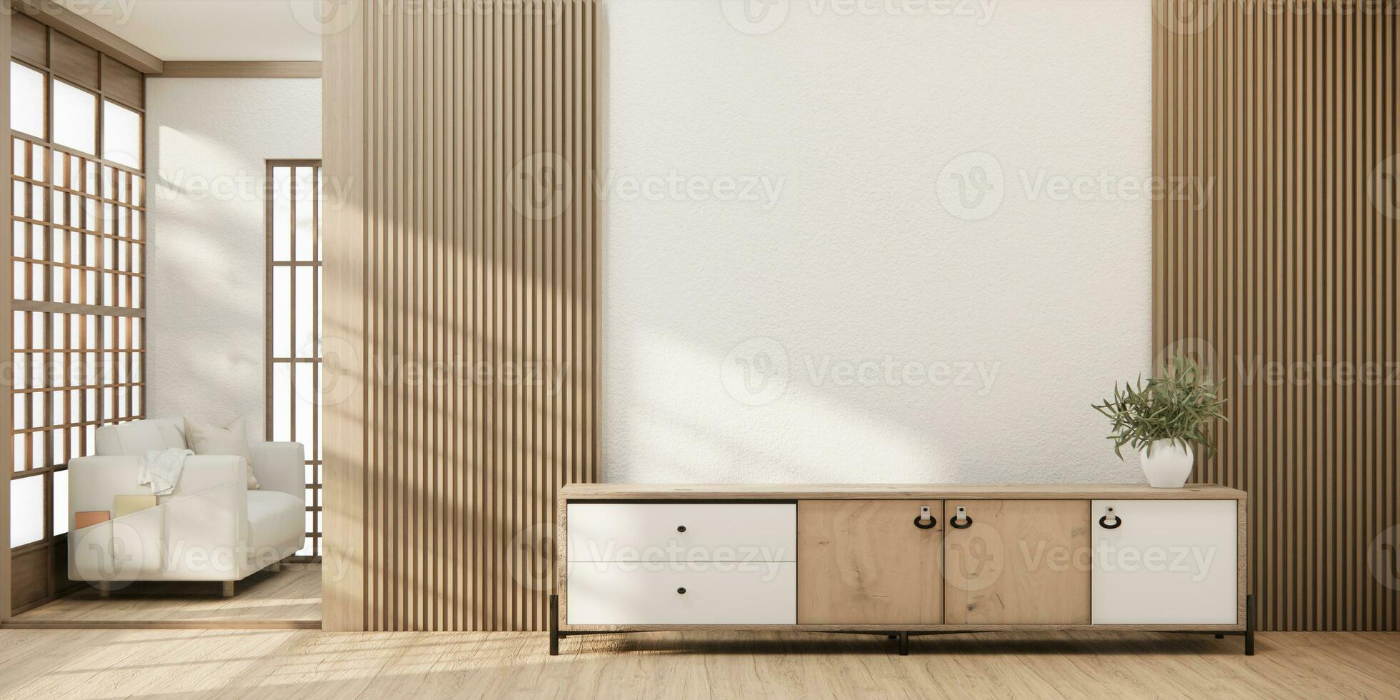 Minimal cabinet for tv interior wall mockup. photo