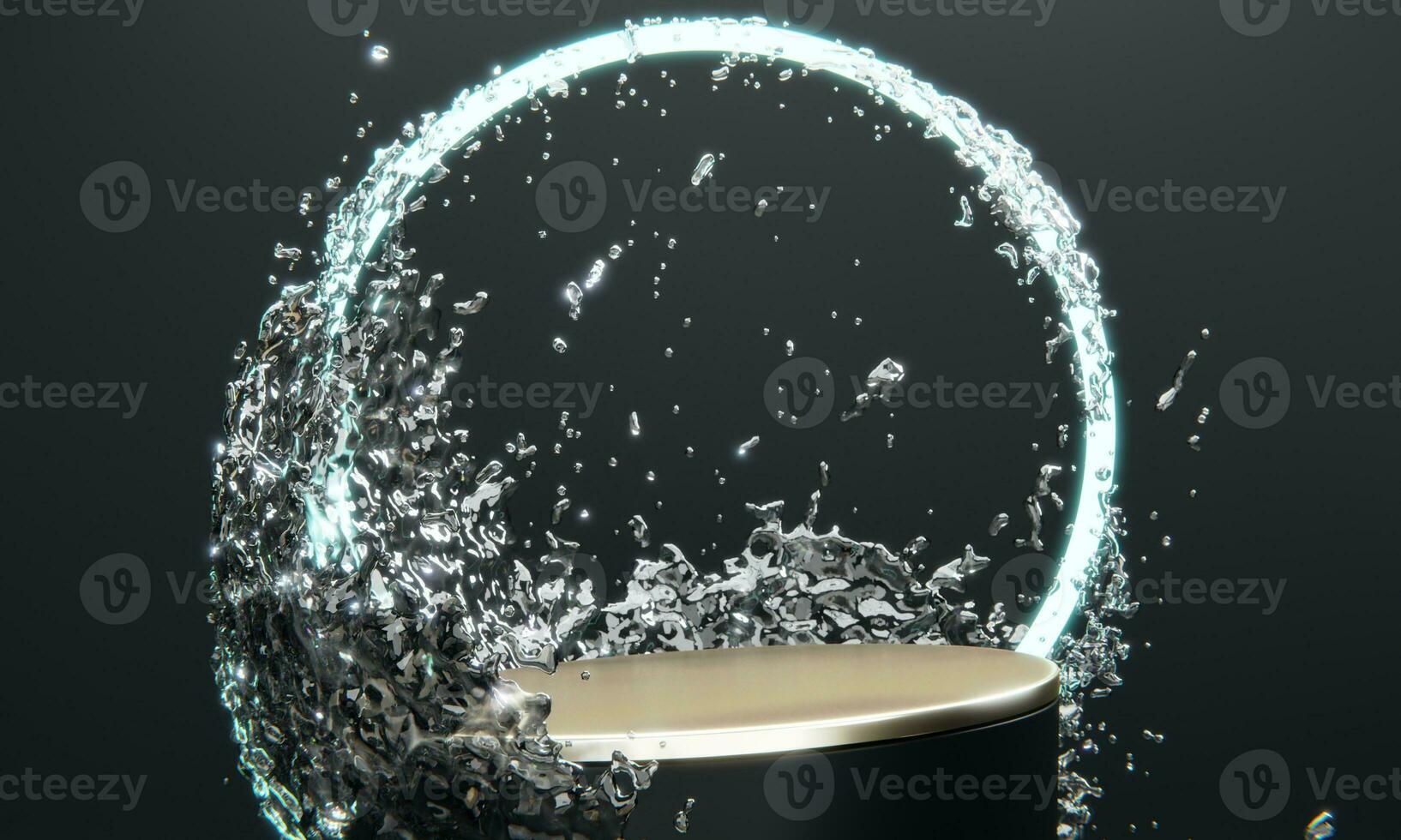 black podium and water splashing on white background.3D rendering photo