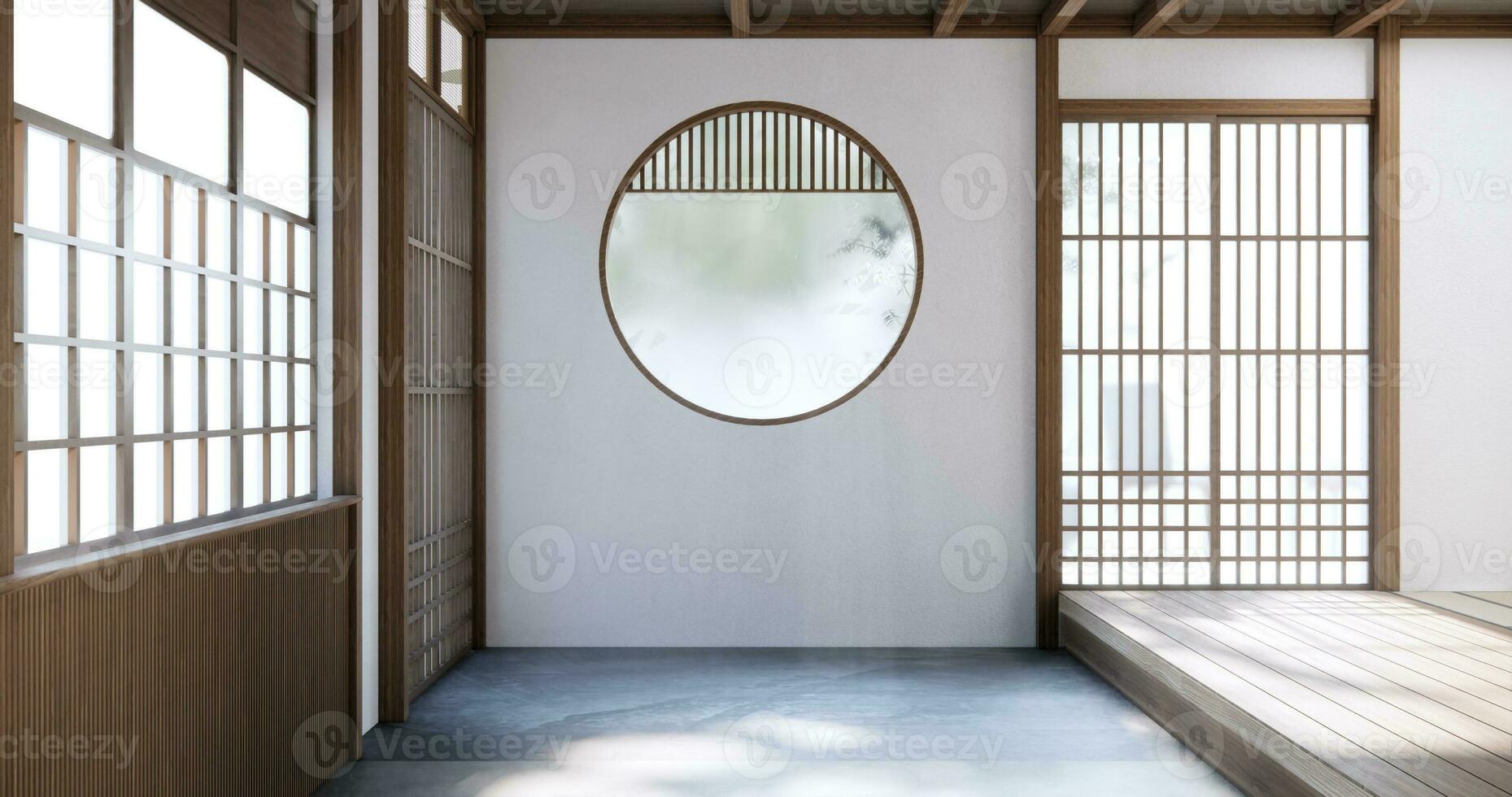 Japan style empty room decorated with white wall and wood slat wall photo