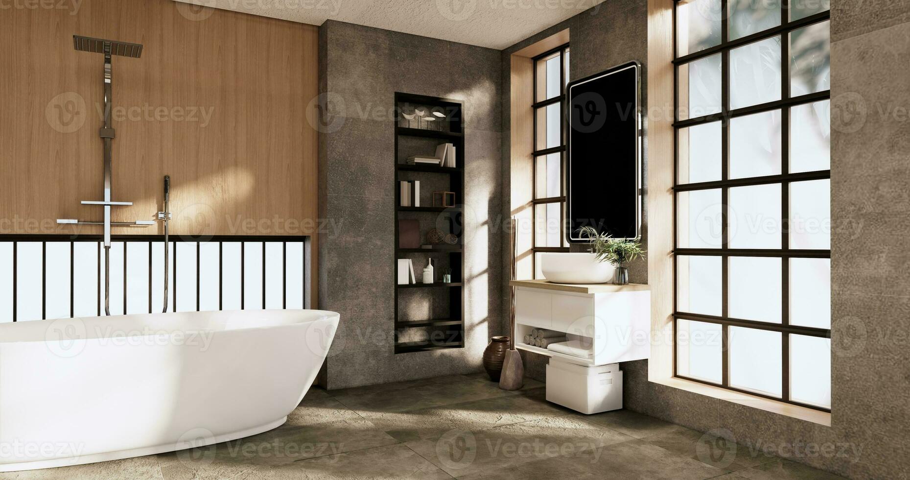 The Bath and toilet on bathroom japanese wabi sabi style .3D rendering photo