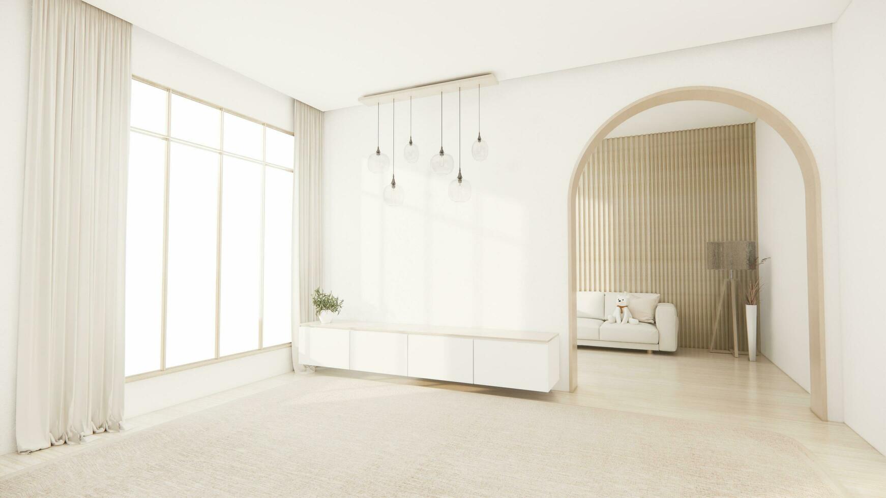 Living room, cabinet Tv minimalist design muji style.3D rendering photo