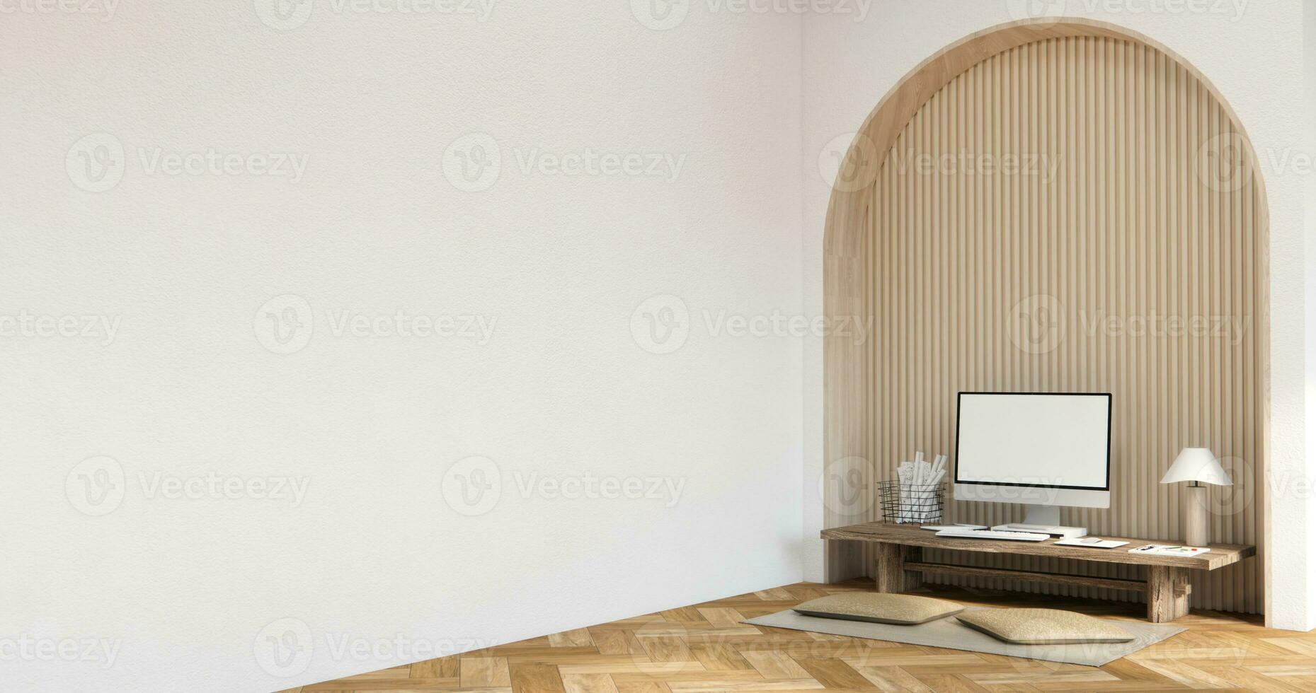 The interior Computer and office tools on desk room muji style interior design. 3D rendering photo