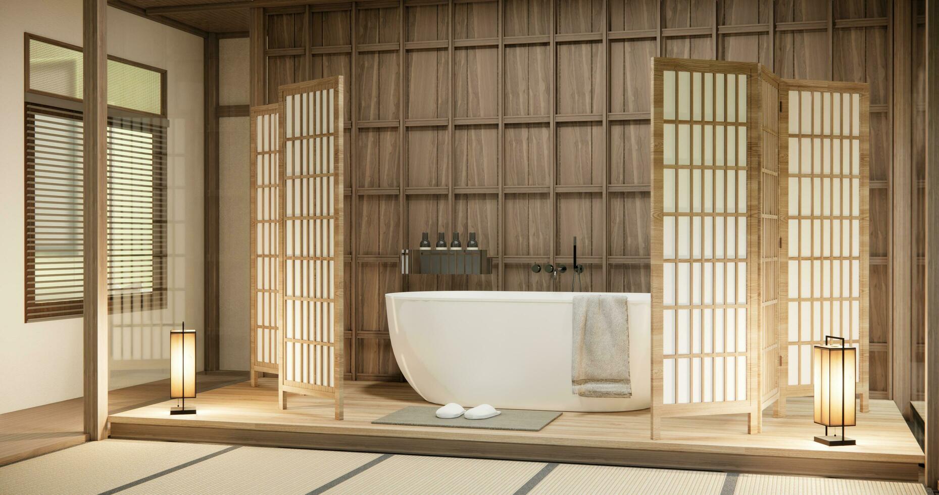 The Bath and toilet on bathroom japanese wabi sabi style photo