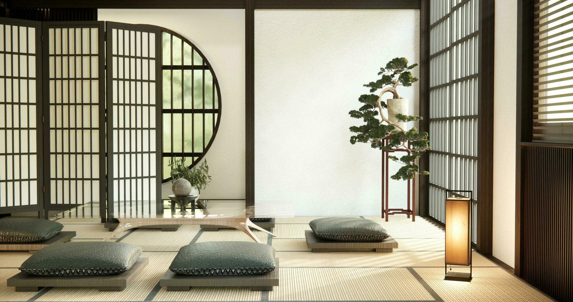 Zen room interior with low table and pillow on tatami mat in wooden