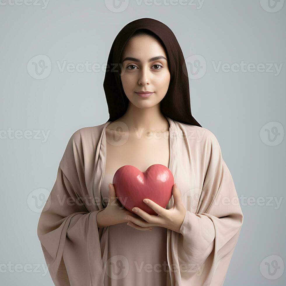 A breast cancer awareness Woman holding heart-shaped -  AI Generative photo