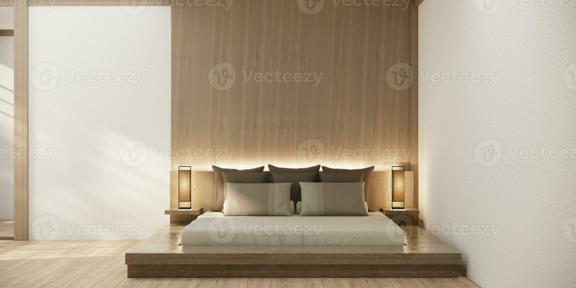 Japón estilo vacío habitación decorado con de madera cama, blanco pared y de madera pared. foto