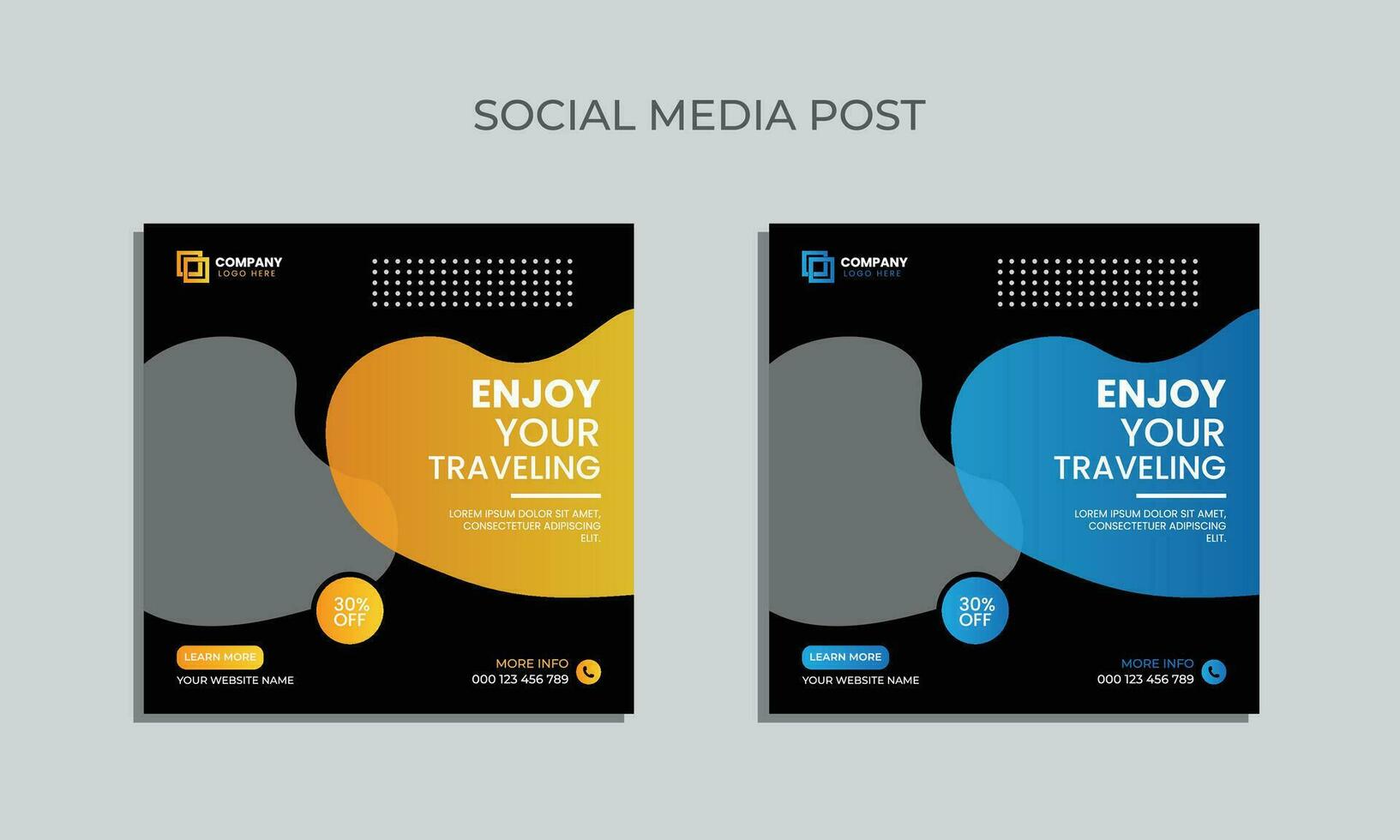 Vector traveling social media post design. editable square banner for social media. traveling agency post template.