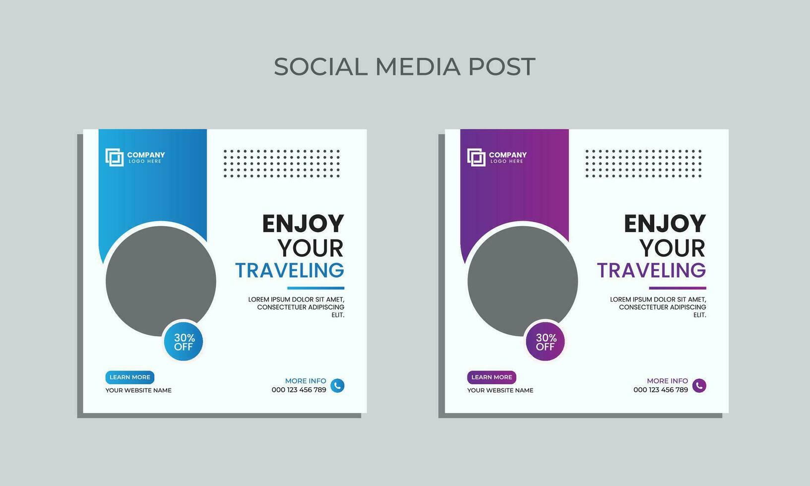 Vector traveling social media post design. editable square banner for social media. traveling agency post template.