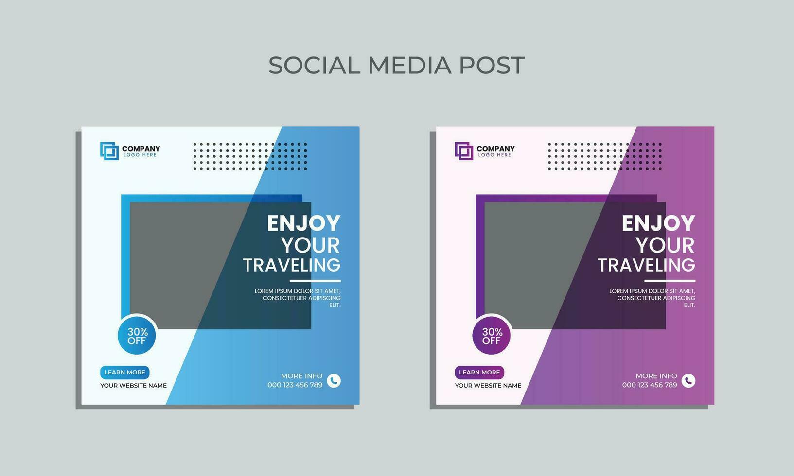 Vector traveling social media post design. editable square banner for social media. traveling agency post template.