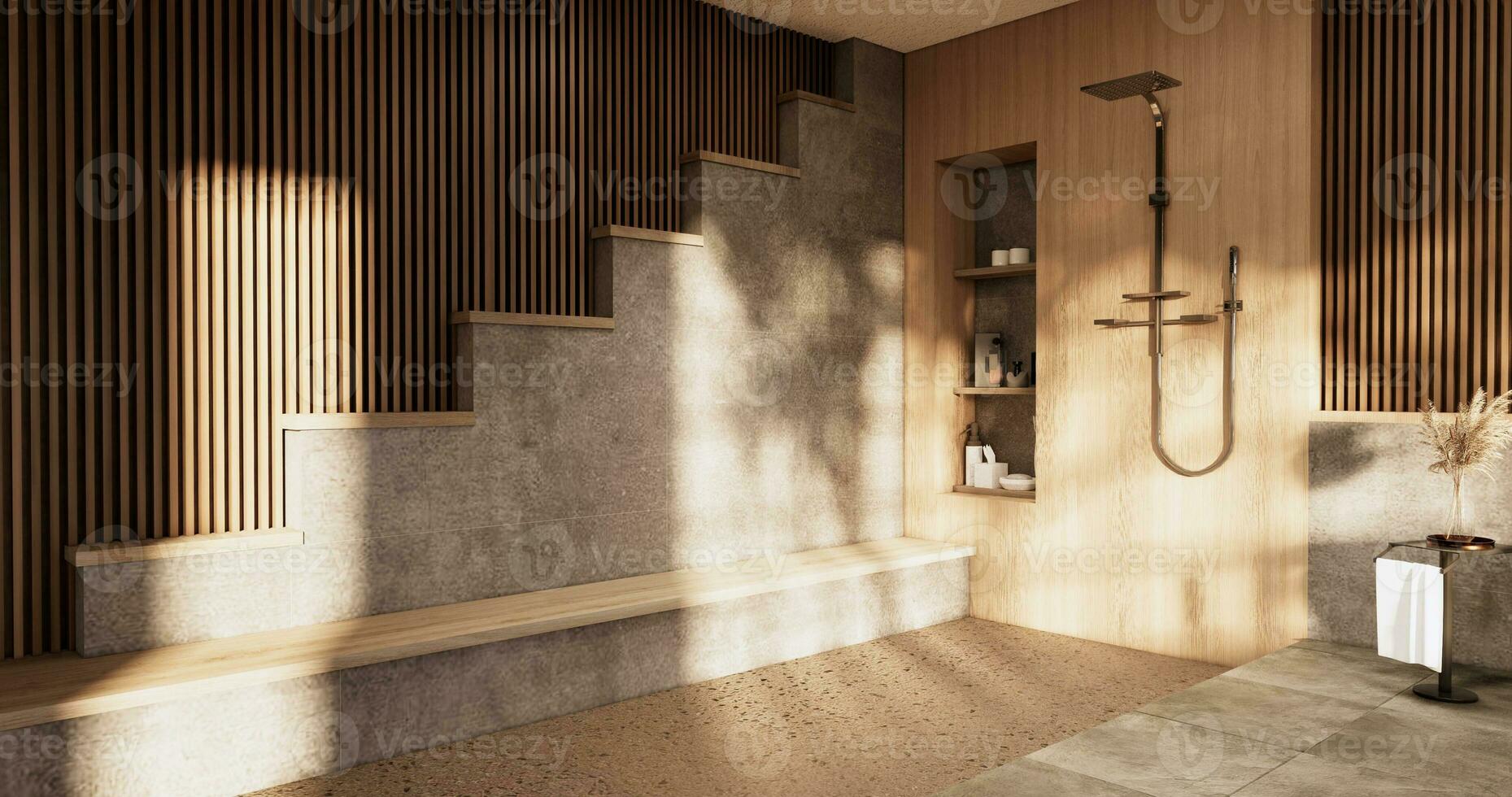 el bañera y baño en baño japonés wabi sabi estilo .3d representación  31152608 Foto de stock en Vecteezy