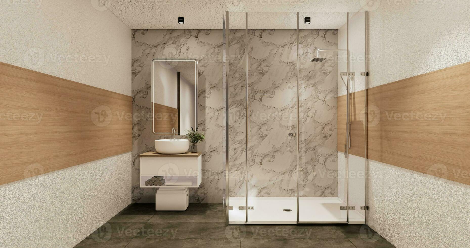 The Bath and toilet on bathroom japanese wabi sabi style .3D rendering photo