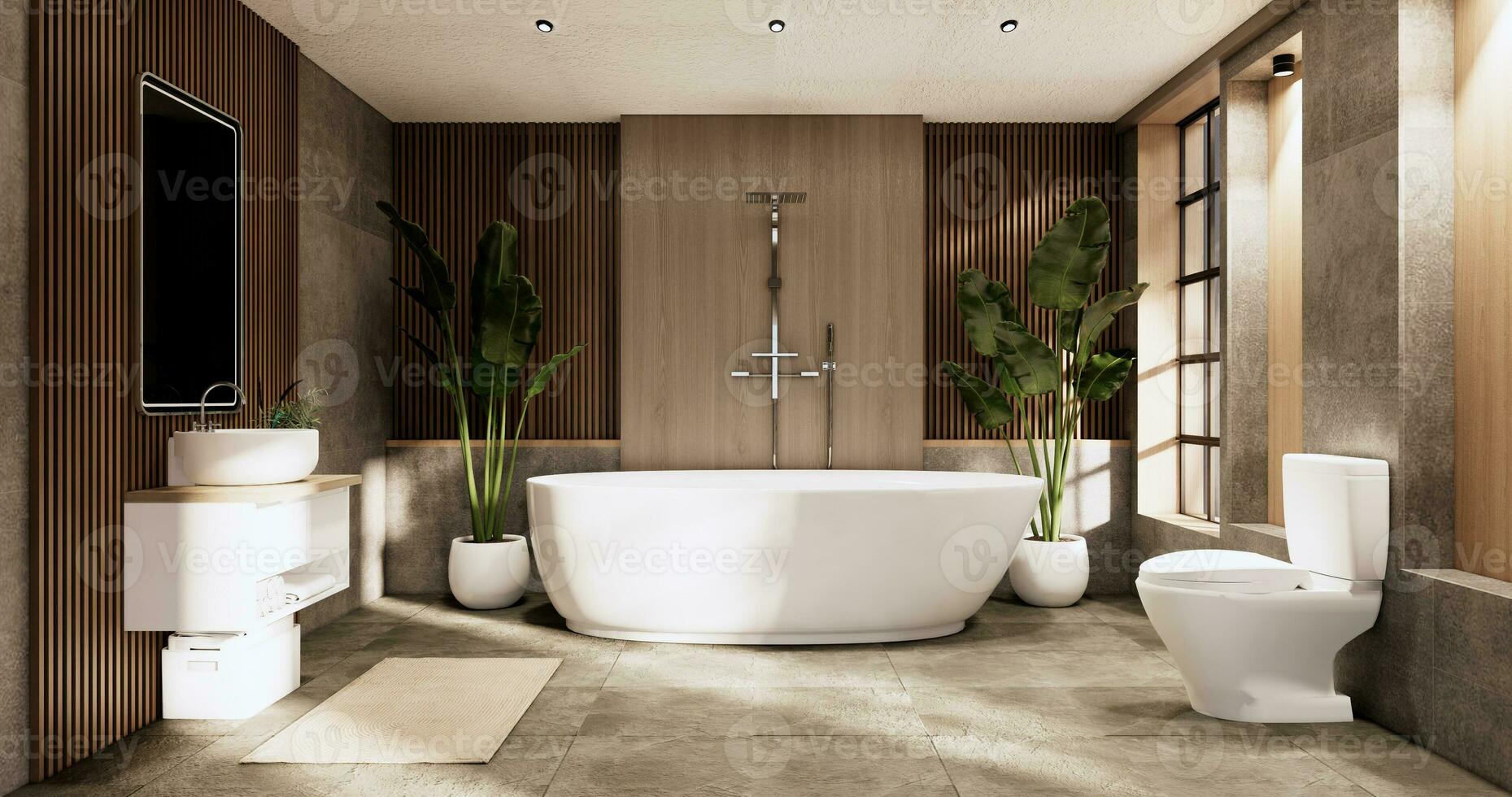 The Bath and toilet on bathroom japanese wabi sabi style .3D rendering photo