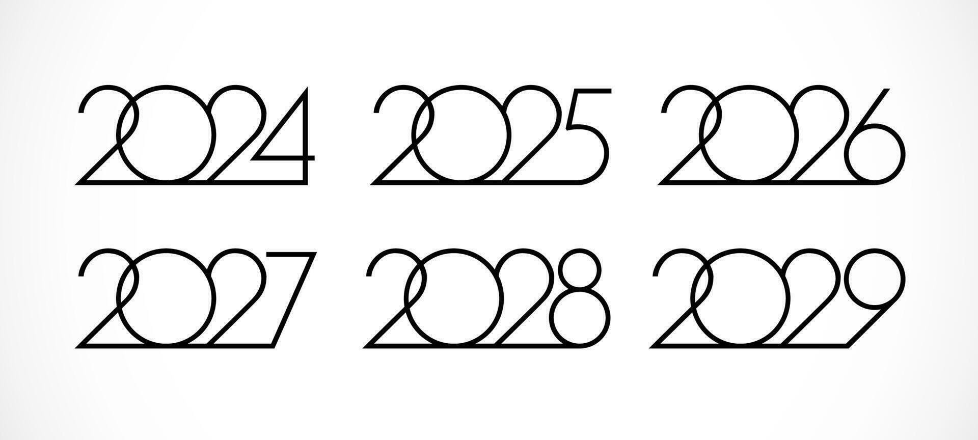 conjunto de creativo números desde 2024 a 2029. contento nuevo año íconos 2025, 2026, 2027 y 2028. calendario o planificador título. negocio estilo. negro y blanco concepto. aislado gráfico diseño. tipográfico idea vector