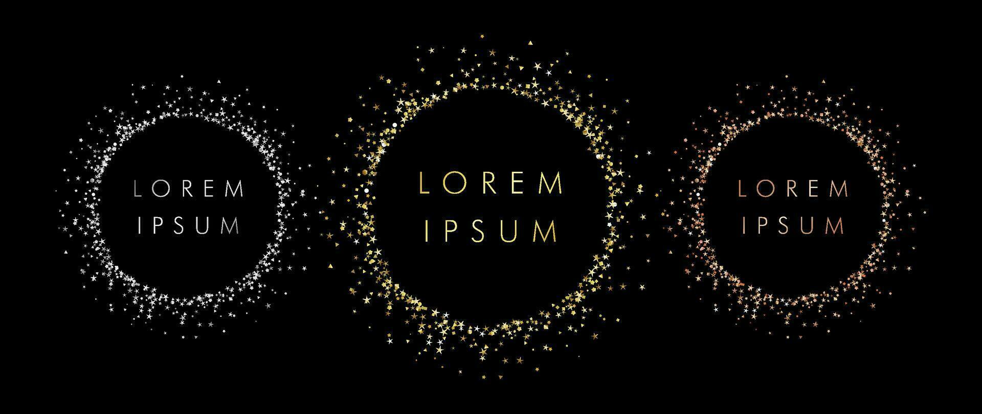 Set of sparkling rings with dust glitter, dark background. Medal elements. Glorious decorative glowing shiny circles. vector