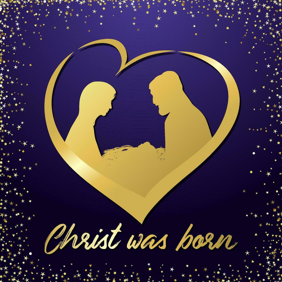 Navidad escena de bebé Jesús en el pesebre con María y Joseph en corazón. cristiano natividad con letras cepillado texto Cristo estaba nacido. cuadrado bandera. vector