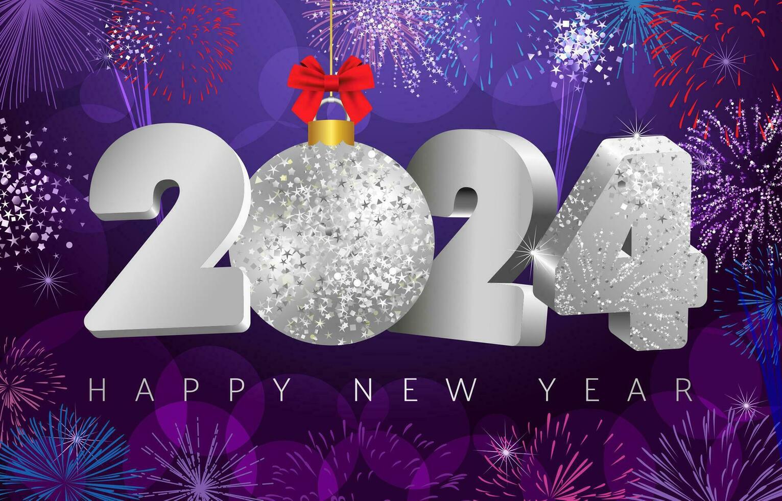 2024 un contento nuevo año fiesta póster. brillante fondo, creativo número 20 24 con Navidad pelota. fuegos artificiales y brilla vector