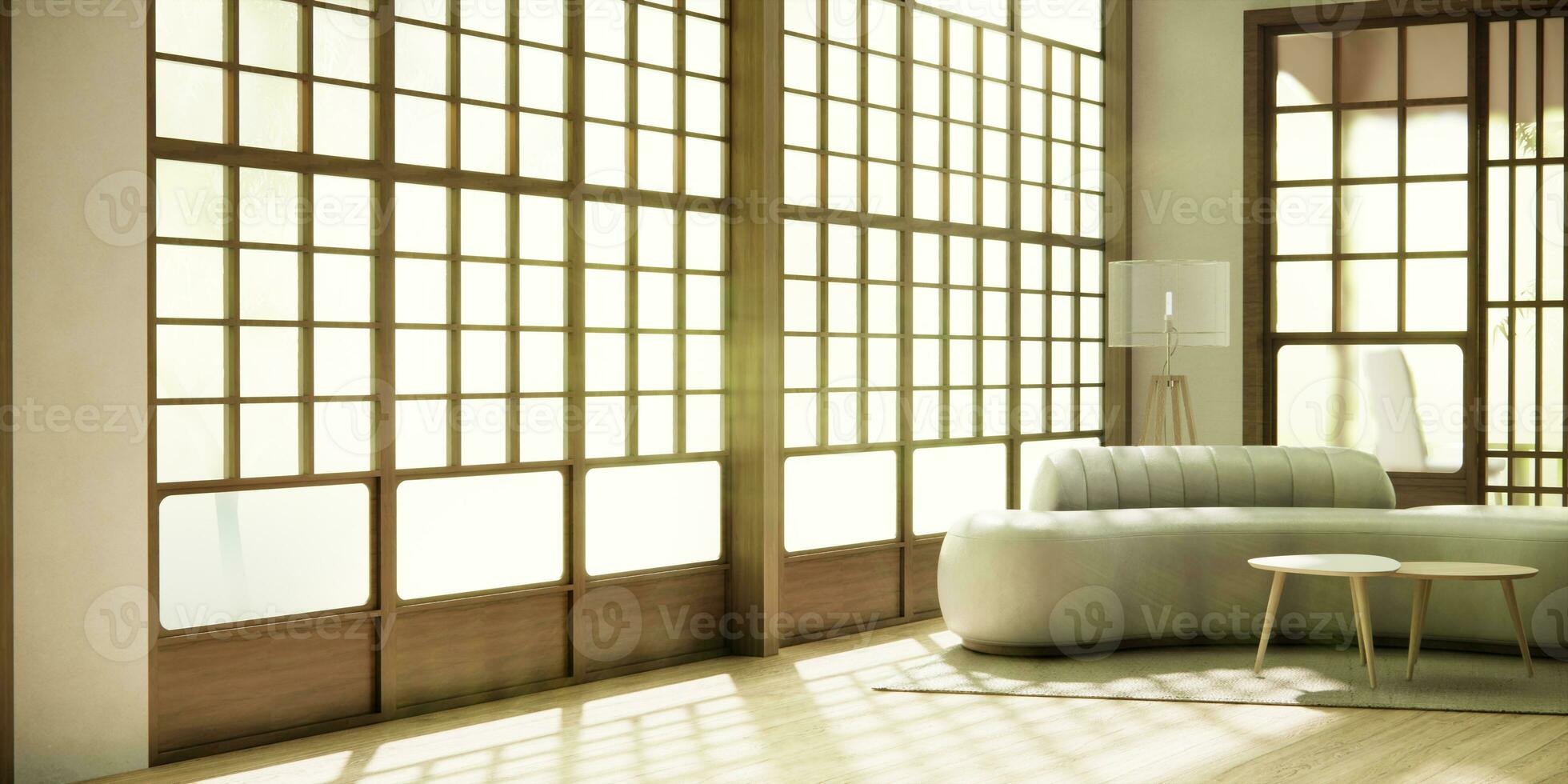 Minimalist japandi style living room decorated with sofa. photo