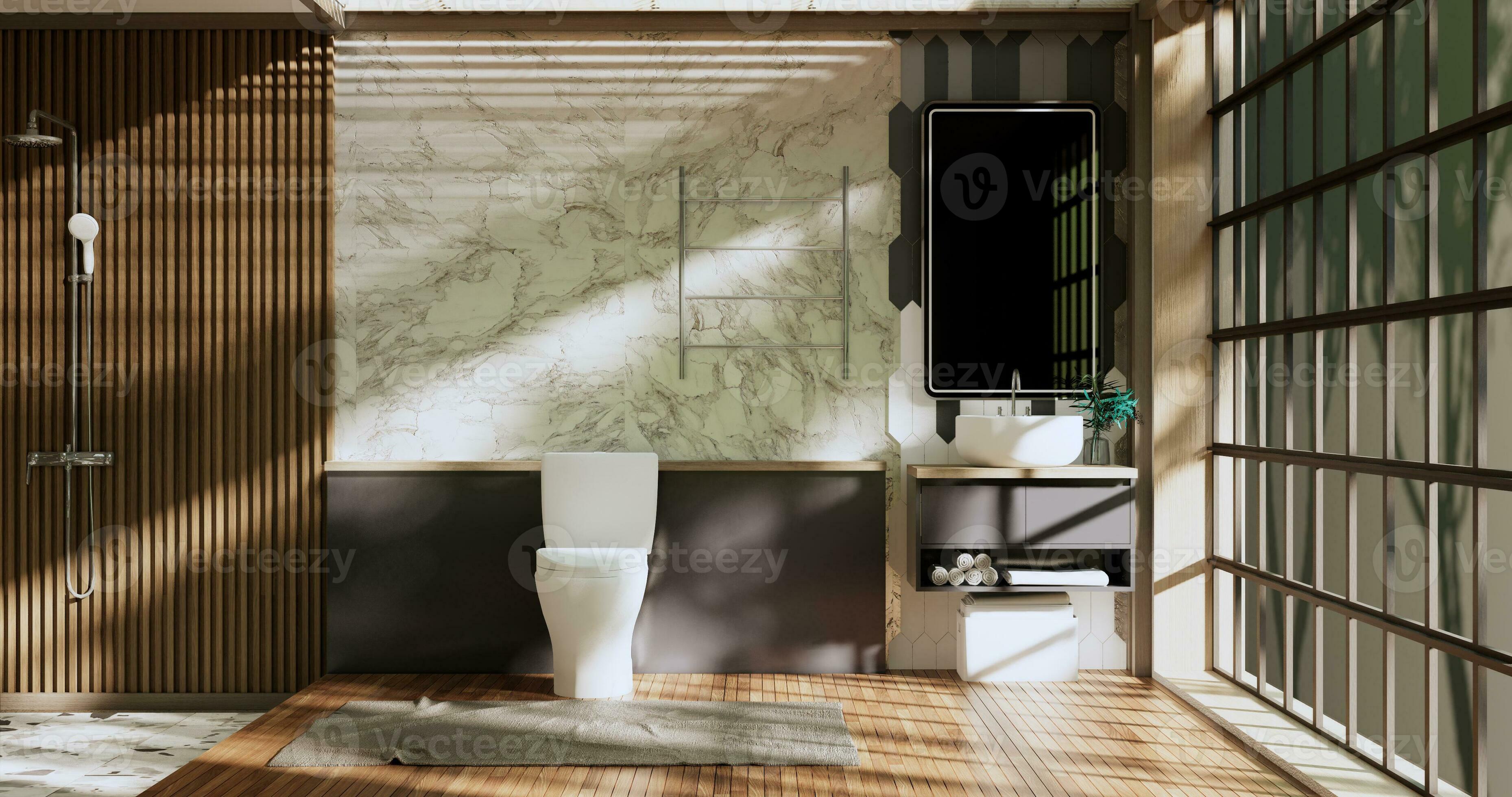 el bañera y baño en baño japonés wabi sabi estilo .3d representación  31147475 Foto de stock en Vecteezy