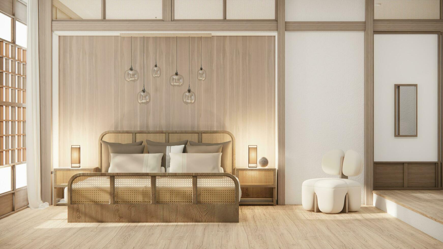 Japón estilo vacío habitación decorado con de madera cama, blanco pared y de madera pared. foto