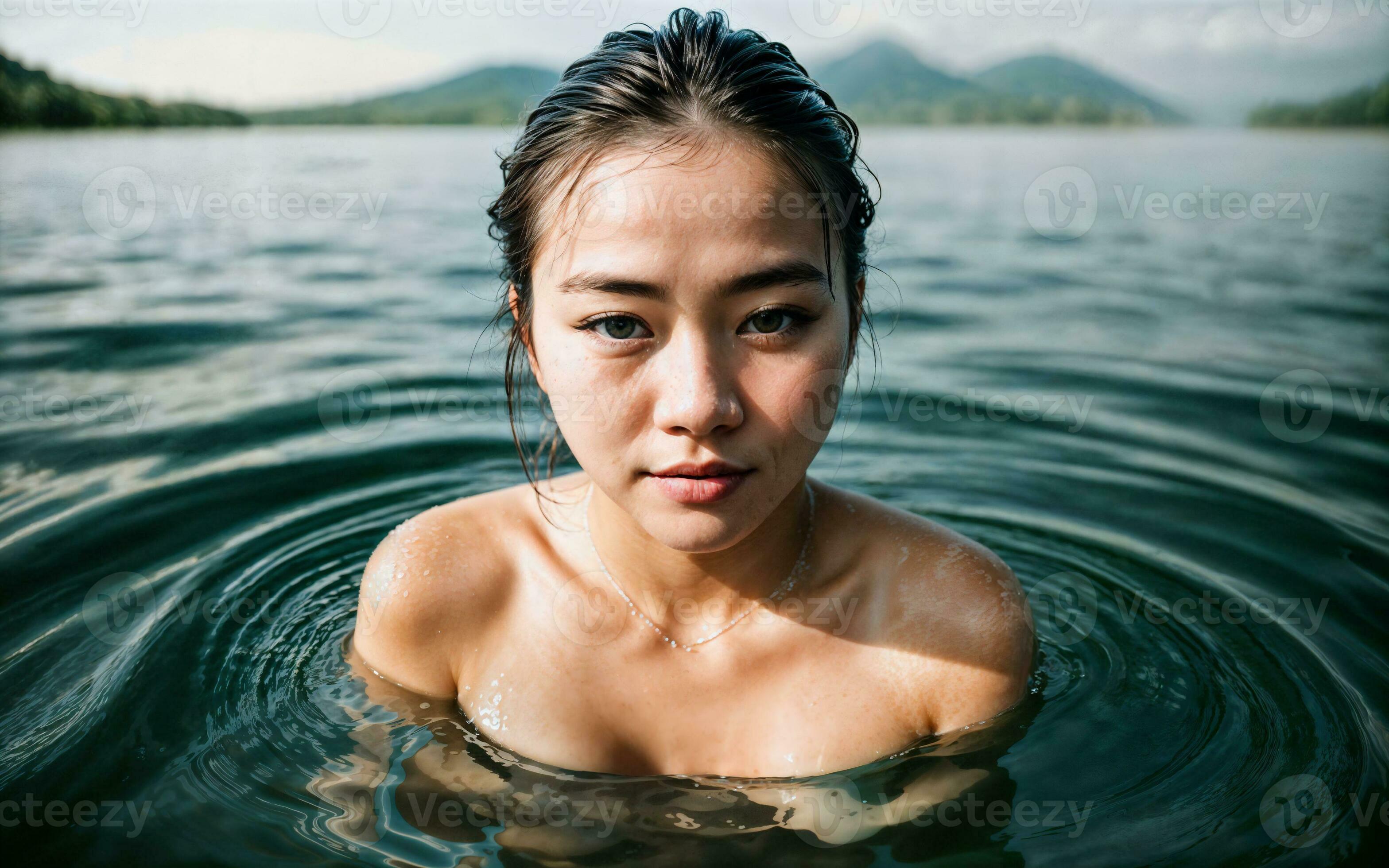 close up photo of woman submerged in water lake, generative AI 31150820