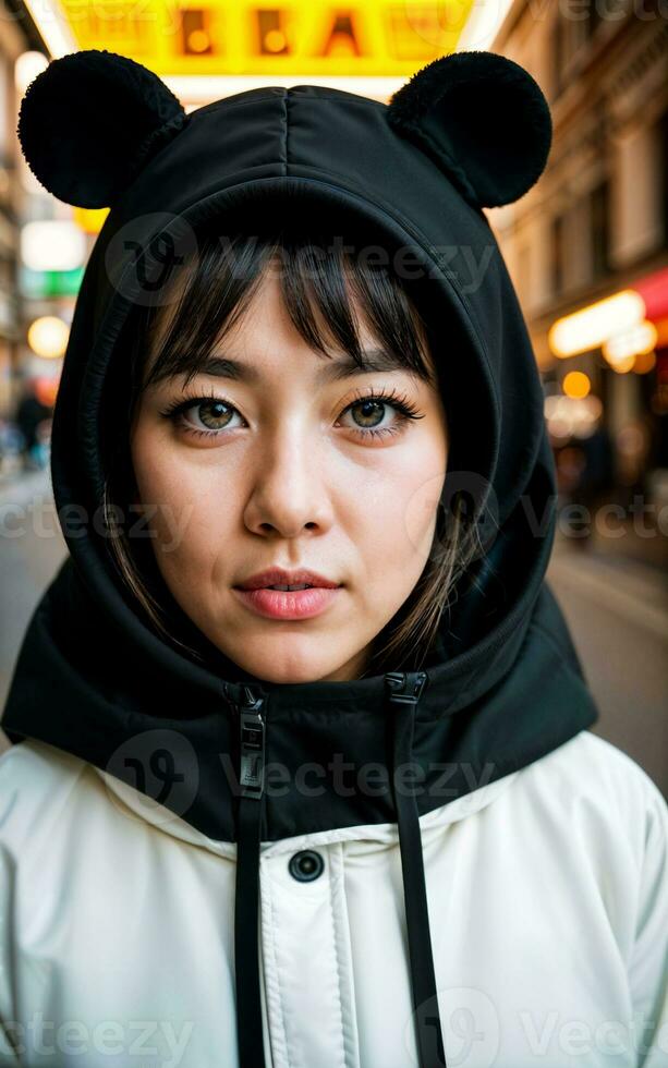 photo of woman wearing kawaii animal Kigurum jacket hoodie , generative AI