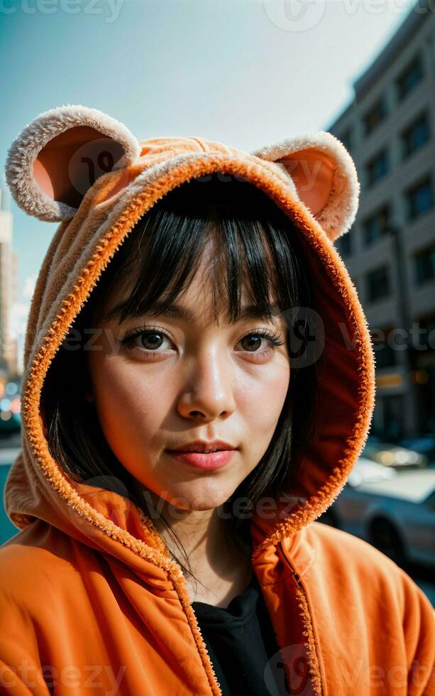 foto de mujer vistiendo kawaii animal kigurum chaqueta capucha , generativo ai