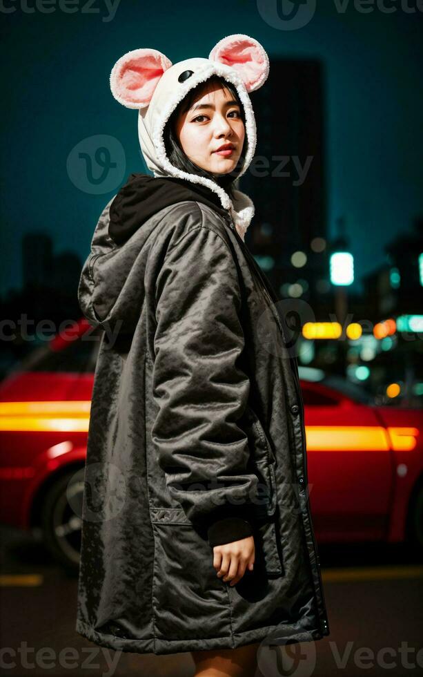 photo of woman wearing kawaii animal Kigurum jacket hoodie , generative AI