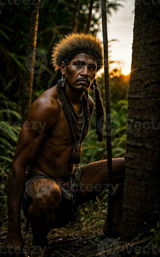 photo of savage barbaric tribal in the jungle , generative AI