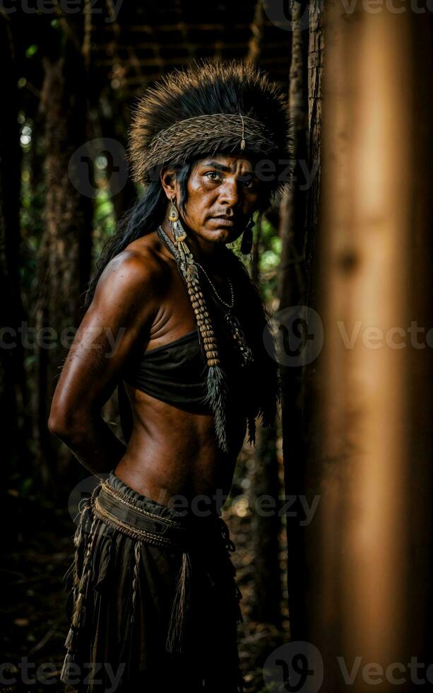 photo of savage barbaric tribal in the jungle , generative AI