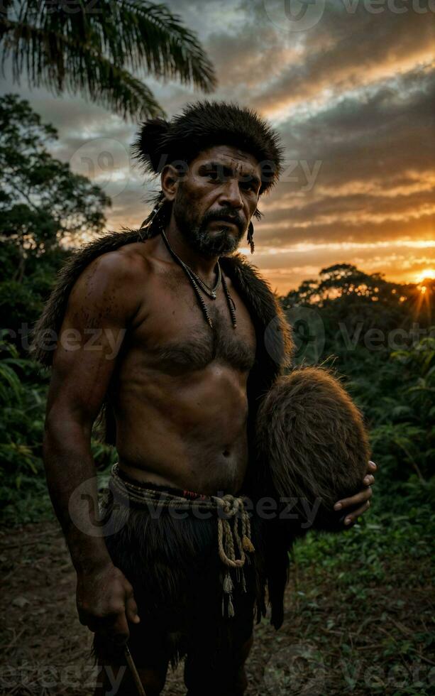 photo of savage barbaric tribal in the jungle , generative AI