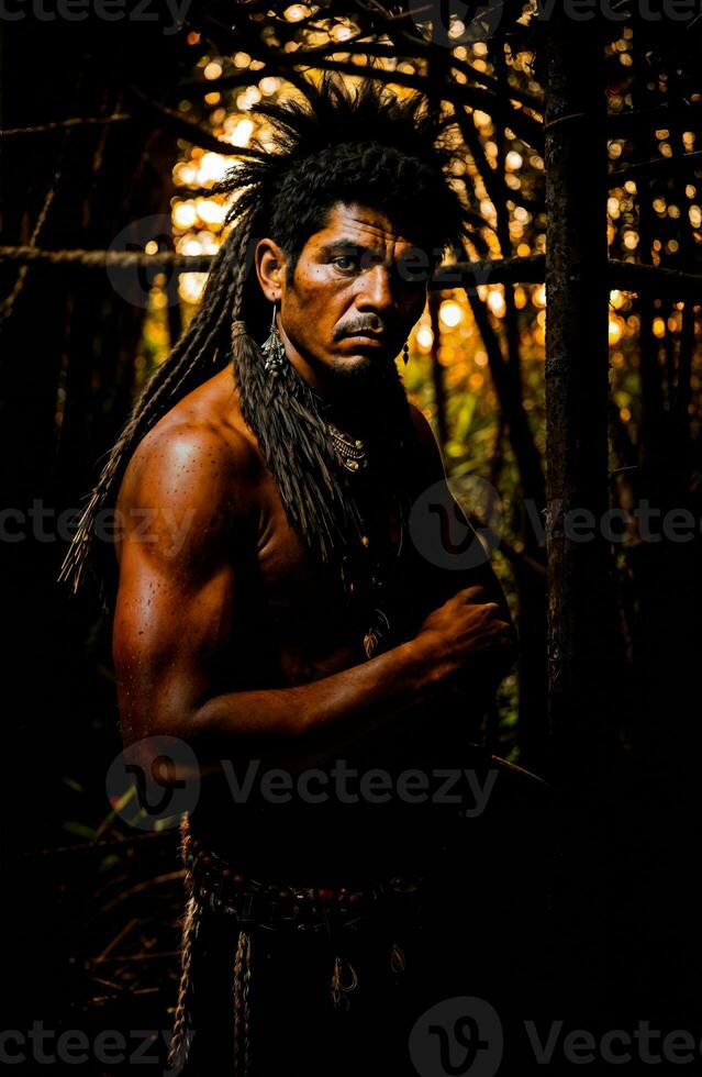 photo of savage barbaric tribal in the jungle , generative AI