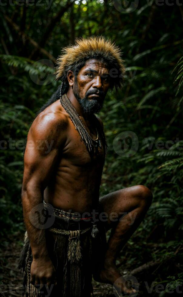 photo of savage barbaric tribal in the jungle , generative AI