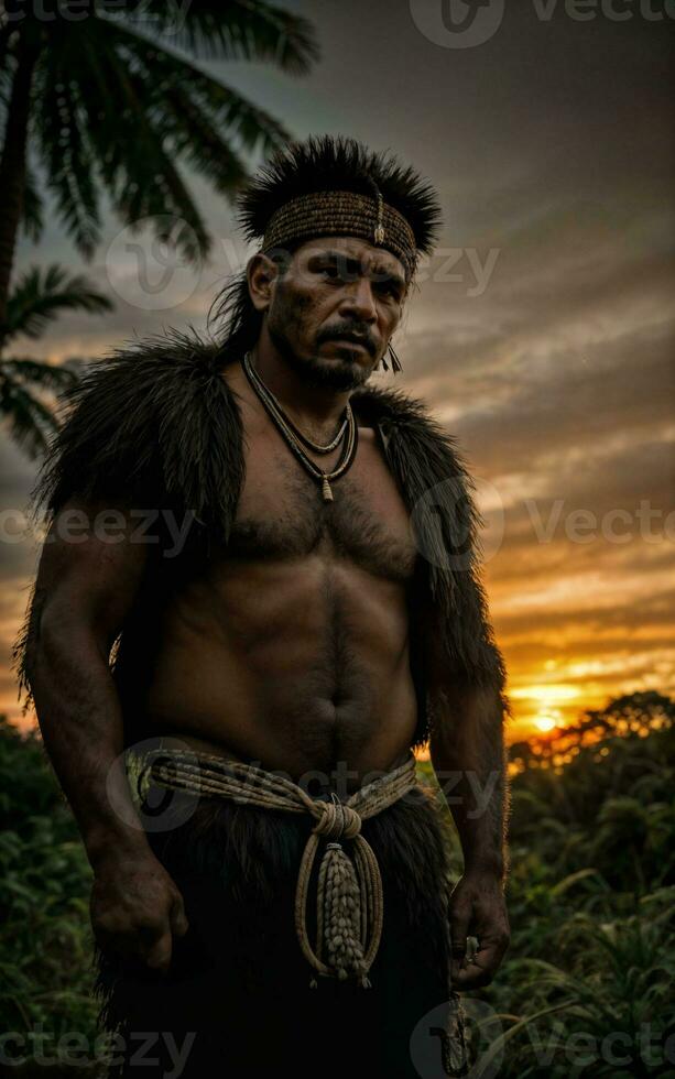 photo of savage barbaric tribal in the jungle , generative AI