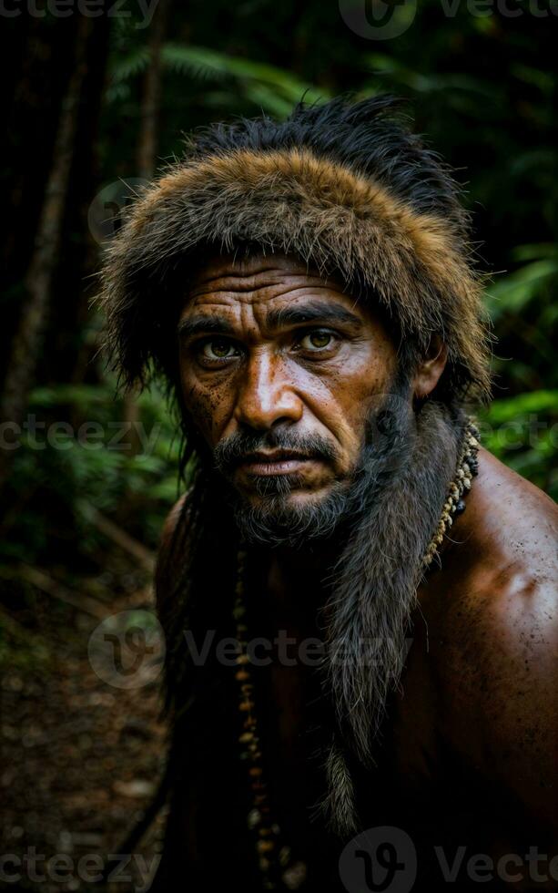 photo of savage barbaric tribal in the jungle , generative AI