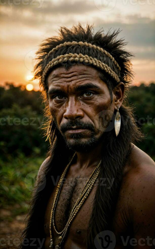 photo of savage barbaric tribal in the jungle , generative AI