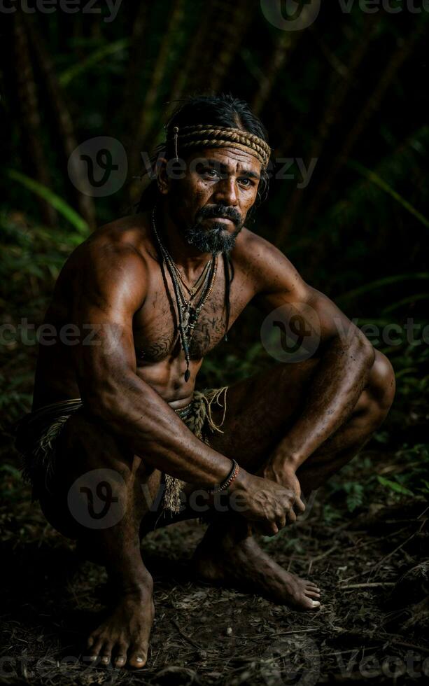 photo of savage barbaric tribal in the jungle , generative AI