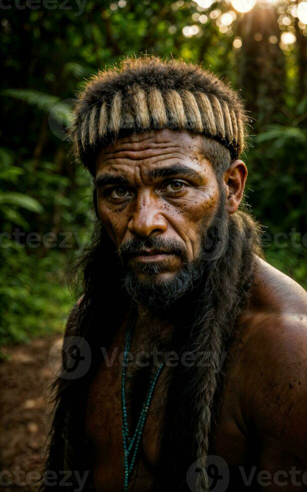 photo of savage barbaric tribal in the jungle , generative AI
