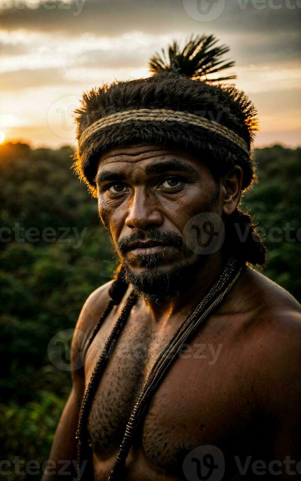 photo of savage barbaric tribal in the jungle , generative AI