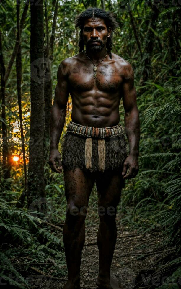 photo of savage barbaric tribal in the jungle , generative AI