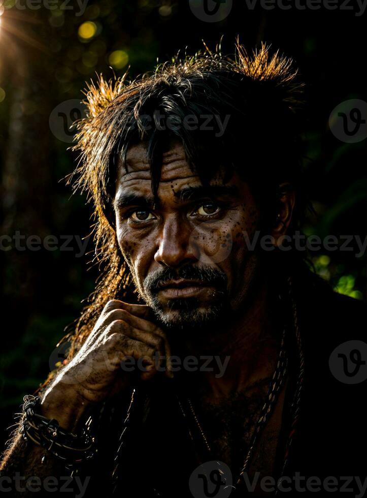 photo of savage barbaric tribal in the jungle , generative AI