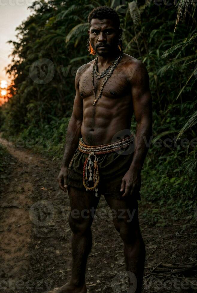 foto de salvaje bárbaro tribal en el selva , generativo ai