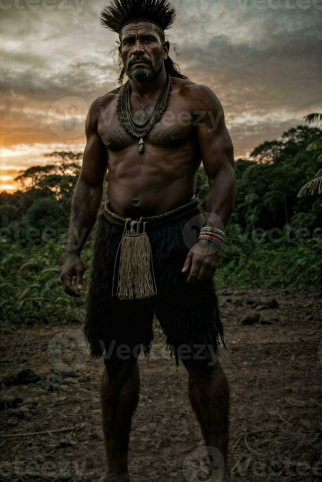 photo of savage barbaric tribal in the jungle , generative AI