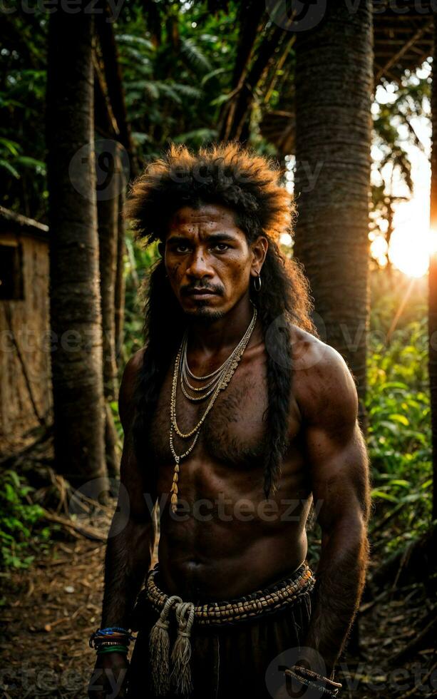 photo of savage barbaric tribal in the jungle , generative AI