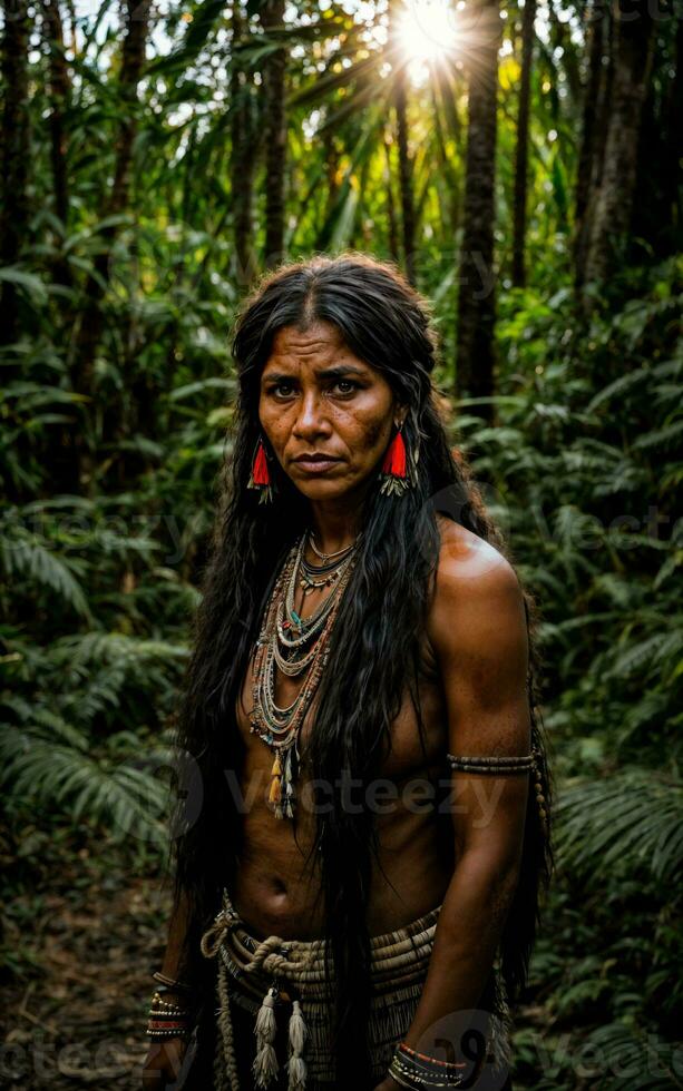 photo of savage barbaric tribal in the jungle , generative AI