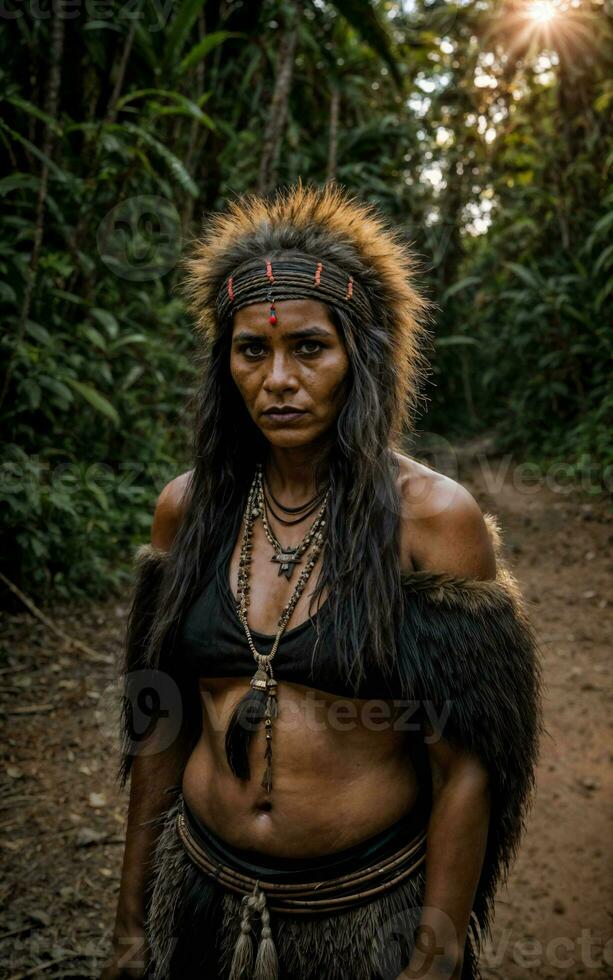 photo of savage barbaric tribal in the jungle , generative AI