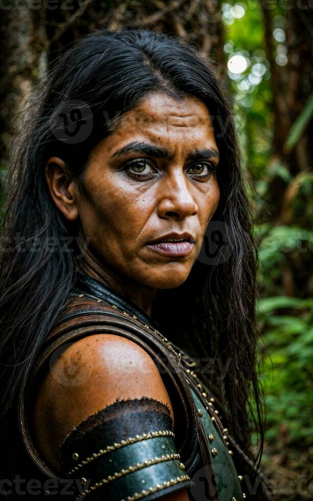 photo of savage tribal woman wearing armor in the jungle, generative AI