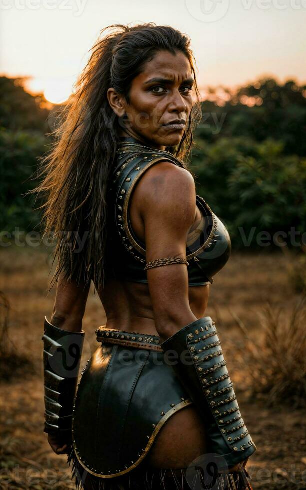 photo of savage tribal woman wearing armor in the jungle, generative AI