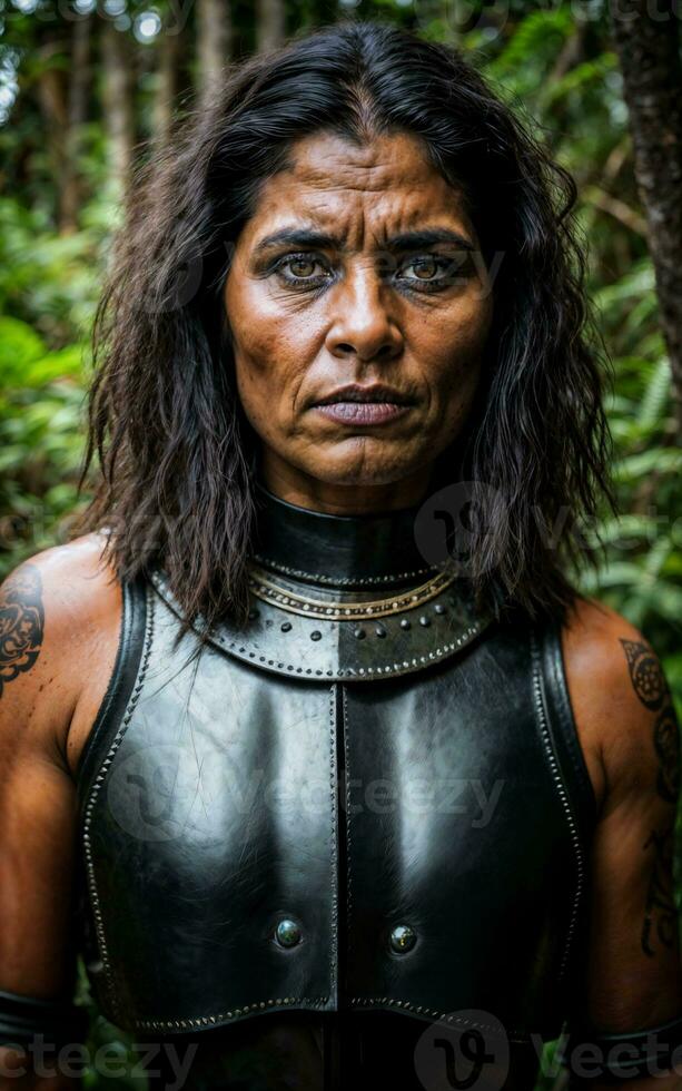 photo of savage tribal woman wearing armor in the jungle, generative AI