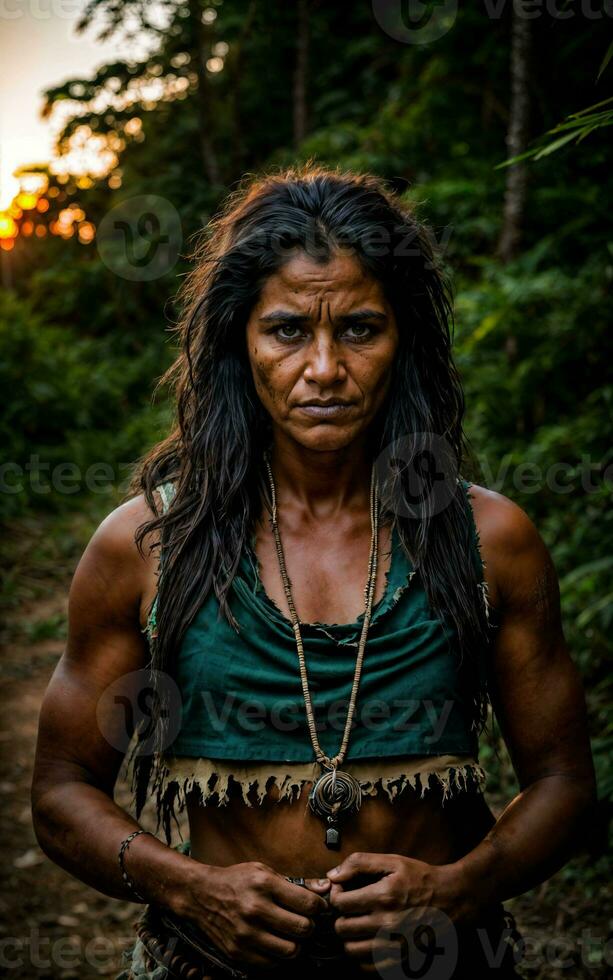 photo of savage tribal woman in the jungle, generative AI